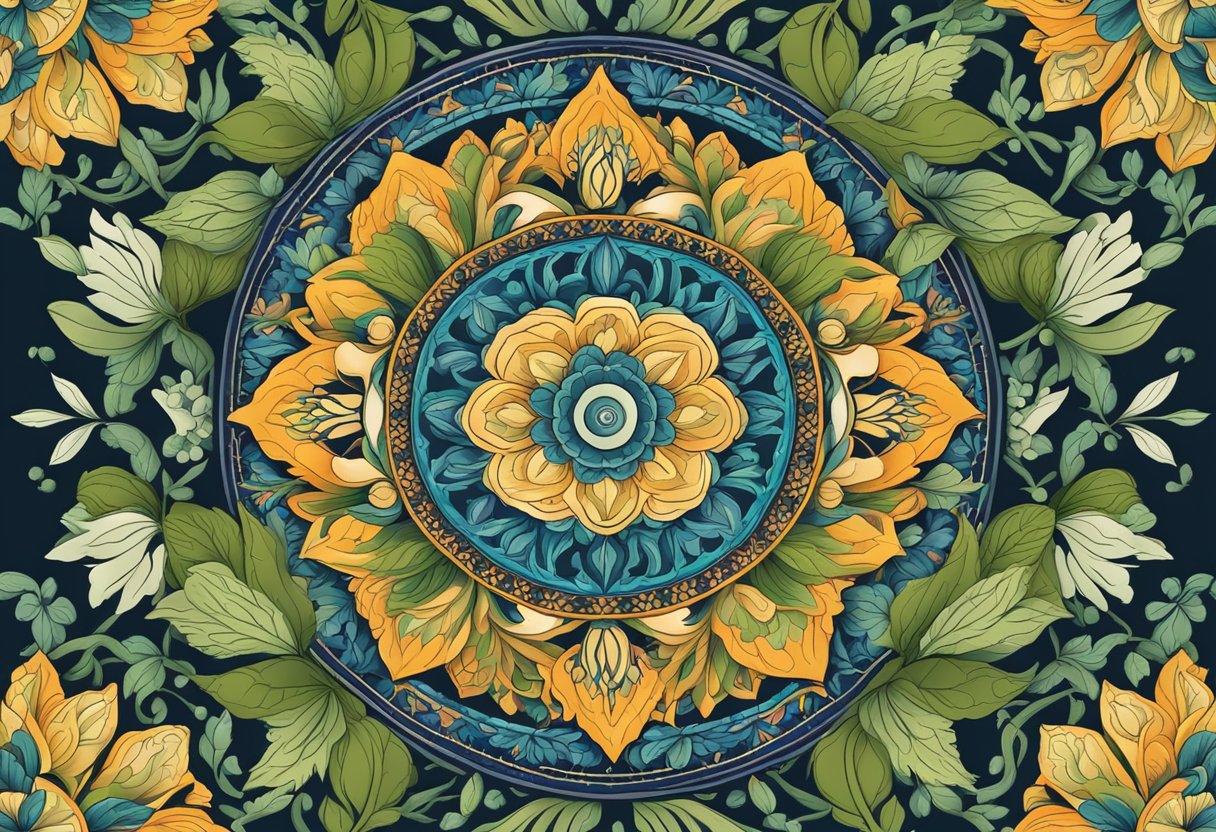 A circular mandala design with intricate floral patterns in vibrant colors, surrounded by delicate vines and leaves