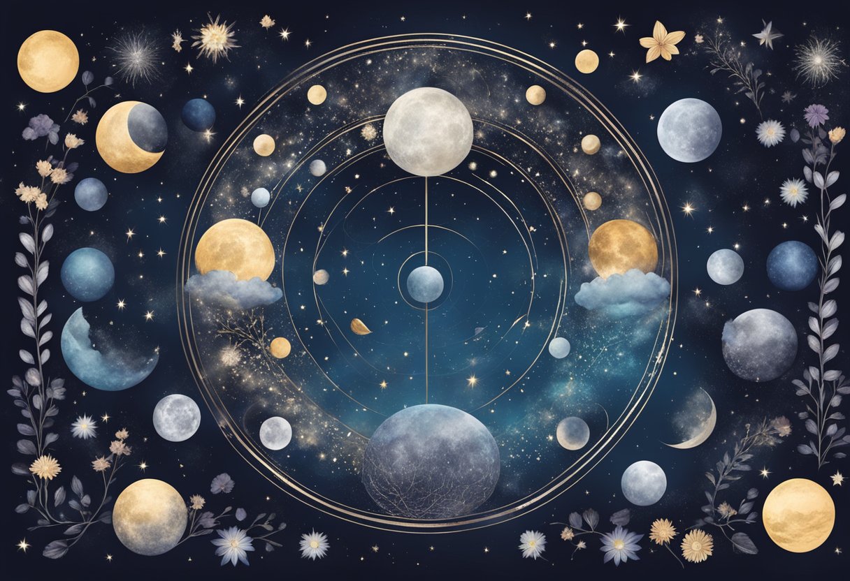 A serene night sky with 20 different moon phases, surrounded by delicate floral and celestial elements