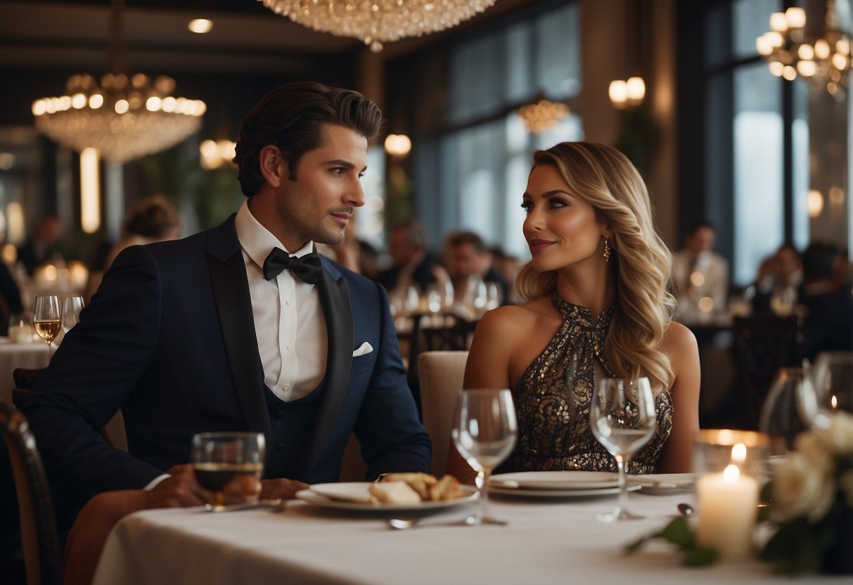 A luxurious, upscale restaurant with a romantic ambiance. A well-dressed man sits at a table, confidently engaging with an elegant, wealthy woman