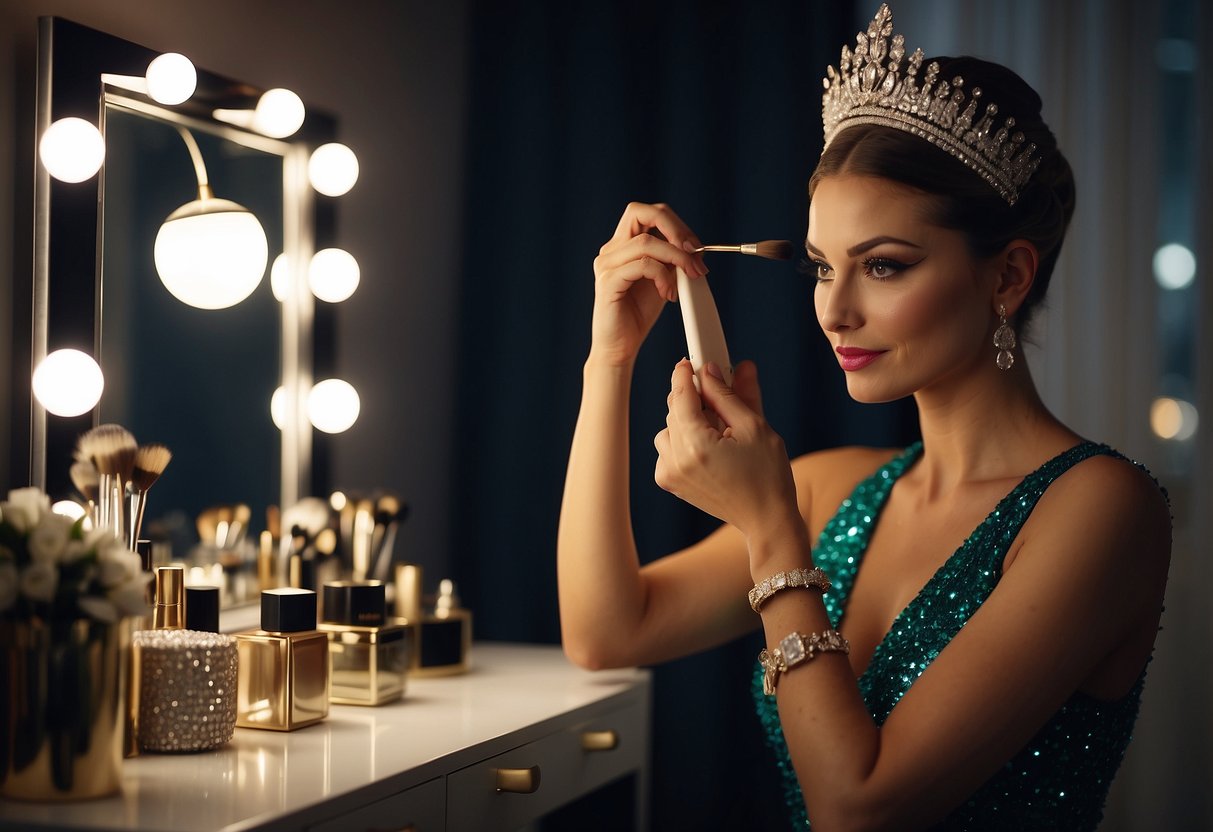 A woman sits at a vanity, applying makeup and fixing her hair. A fancy dress and jewelry lay on the bed. She looks excited and nervous