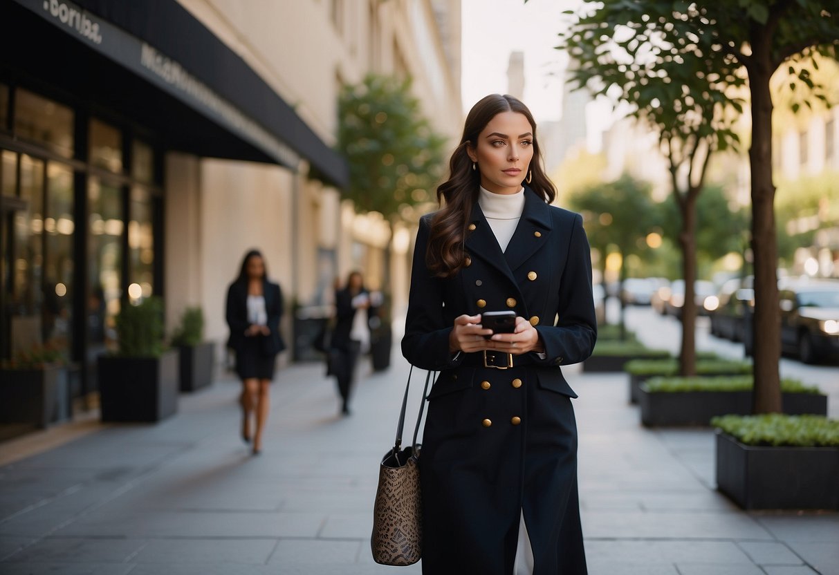 A woman walks confidently with a security guard by her side, as she checks her phone for notifications of her paid dates with wealthy women