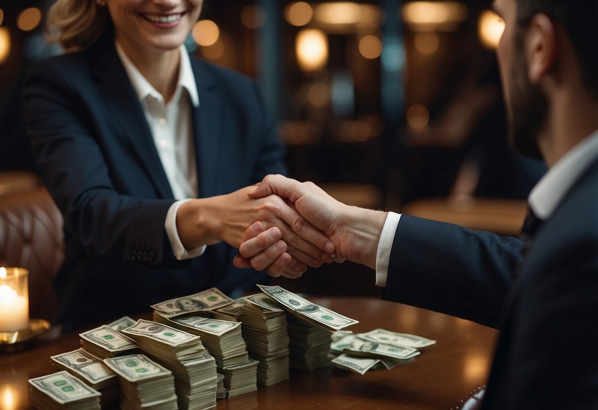 A well-dressed woman hands a stack of cash to a man, who smiles and nods. They are seated at a luxurious restaurant, surrounded by opulent decor