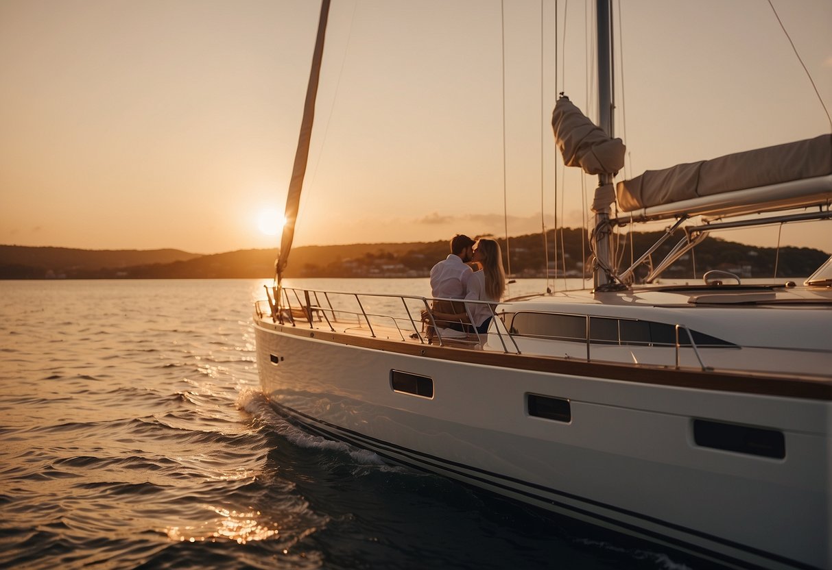 A luxurious yacht sails under a golden sunset, with a wealthy woman and her date enjoying a romantic evening