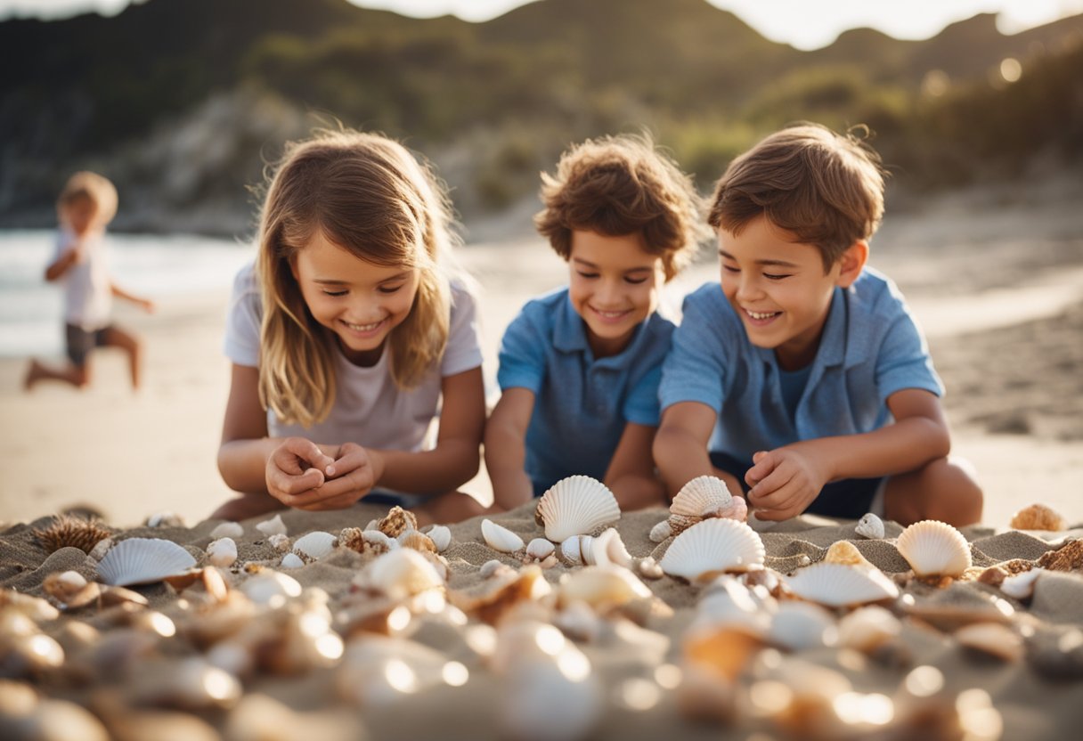 A family collects seashells on the beach, carefully placing them in a display case. Children laugh and play in the background