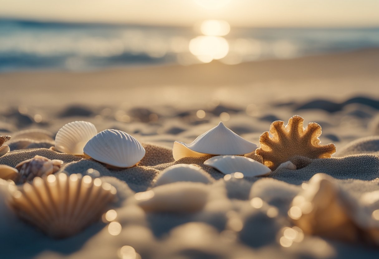 A sandy beach with gentle waves, scattered seashells, and families happily collecting and displaying their finds in glass cases