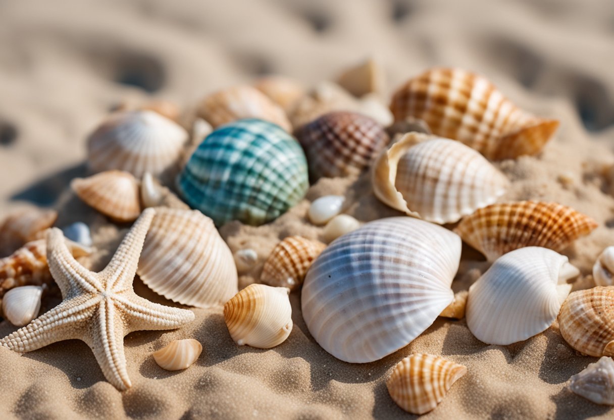 A sandy beach with colorful seashells scattered around. A family's seashell display case sits open, waiting to be filled with their treasures