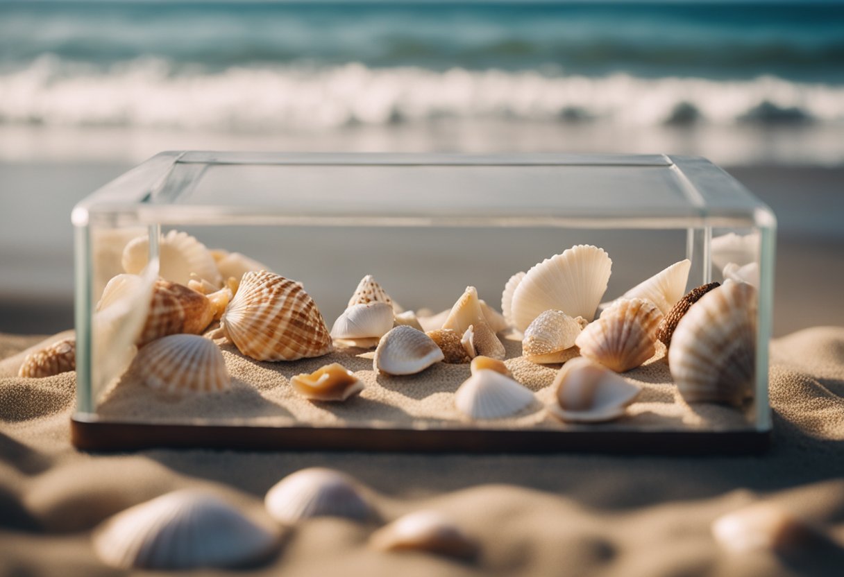 A family gathers seashells on the beach, cleans and preserves them, then arranges them in a display case