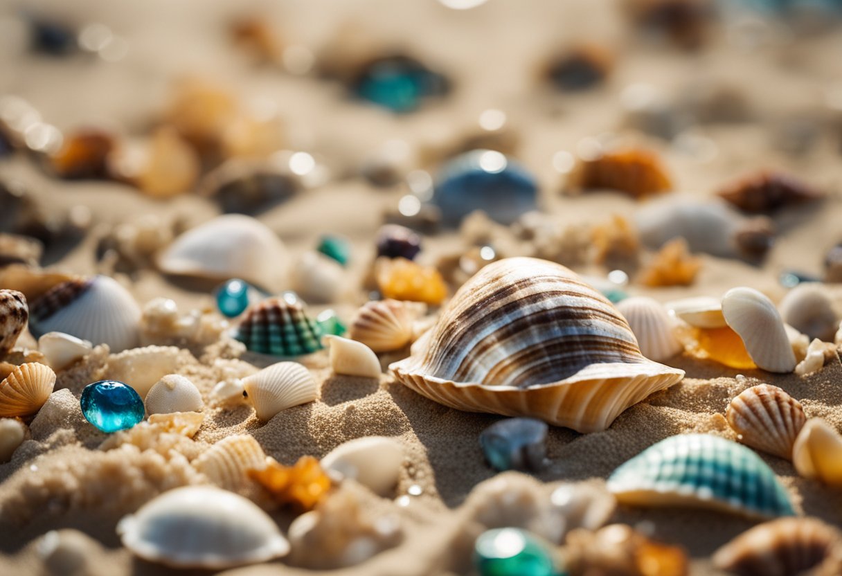 Shells scattered on sandy beach, sea creatures disturbed, display case filled with colorful shells