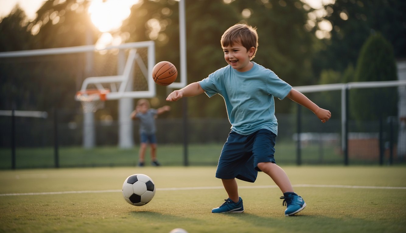 A child with autism happily kicks a soccer ball, swings a tennis racket, and throws a basketball into a hoop