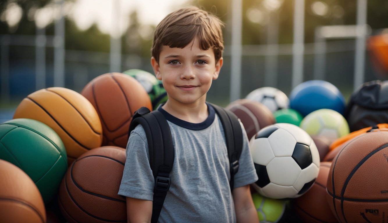 A child with autism stands in front of a variety of sports equipment, including soccer balls, basketballs, and tennis rackets, with a thoughtful expression on their face