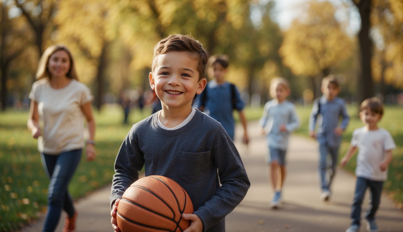 A child with autism dribbles a basketball while walking with their family in the park, smiling and feeling included in daily activities