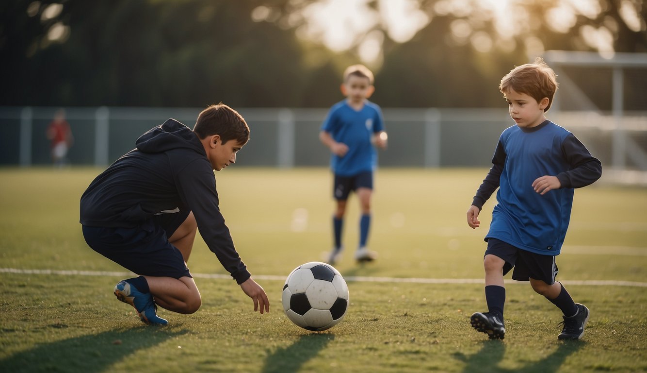 A child with autism playing soccer with a coach in a fenced and padded field, wearing protective gear and using visual aids for instructions