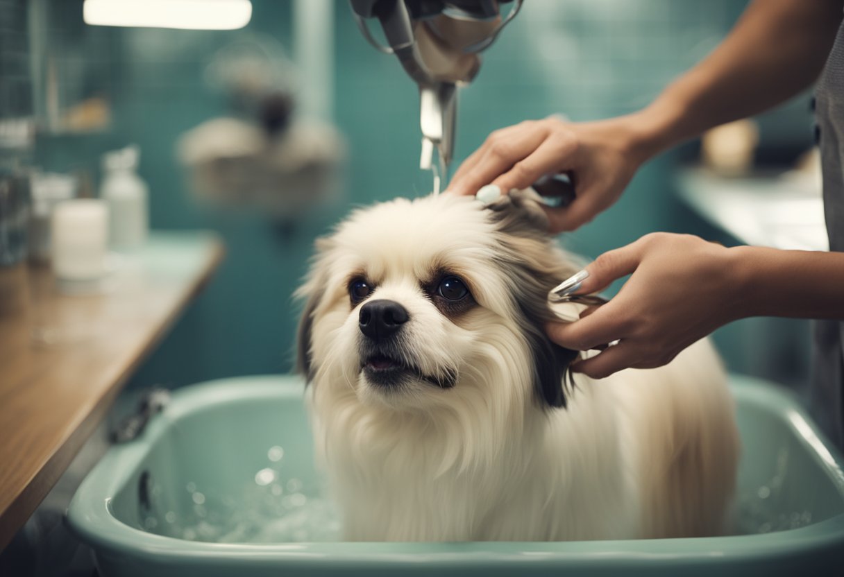 A dog being bathed, brushed, and having its nails trimmed in a DIY grooming session