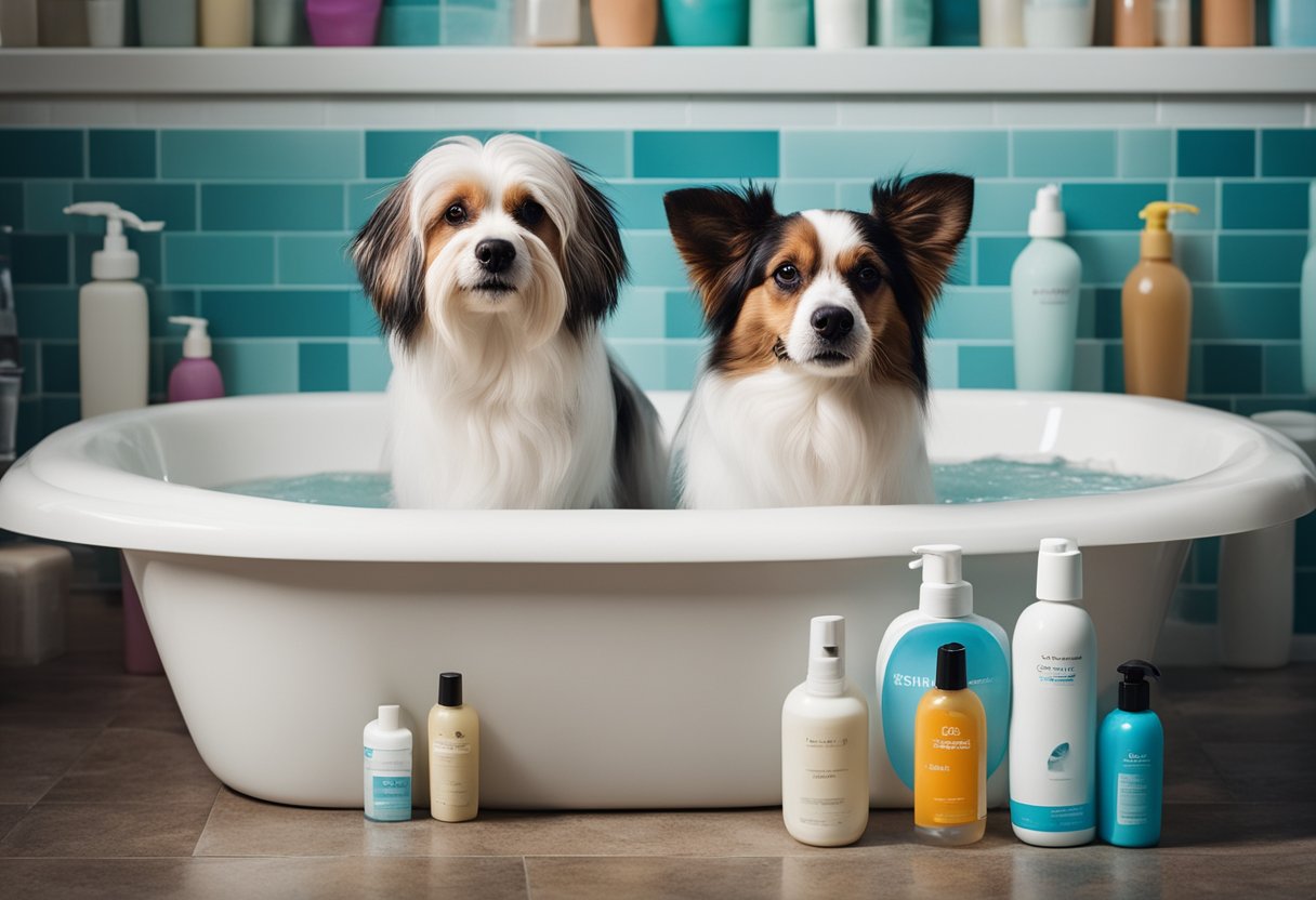 A dog stands in a bathtub, water running, surrounded by bottles of shampoo and conditioner. A brush and nail clippers sit nearby