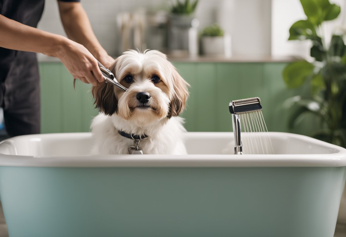 A dog stands in a bathtub, water dripping from its wet fur. A person holds a brush, gently grooming the dog's coat. A pair of clippers sits nearby, ready for nail trimming