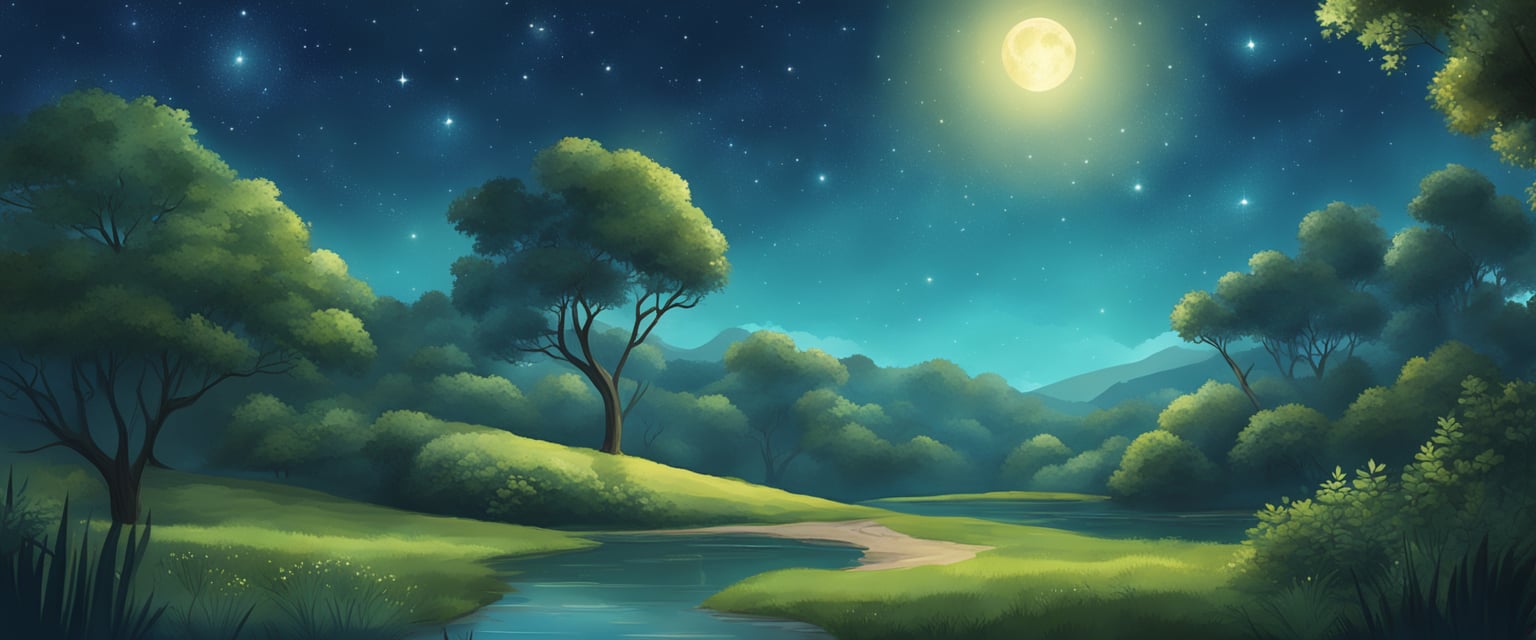A serene, open space with a clear, starry night sky, surrounded by lush greenery and a sense of calm and purpose