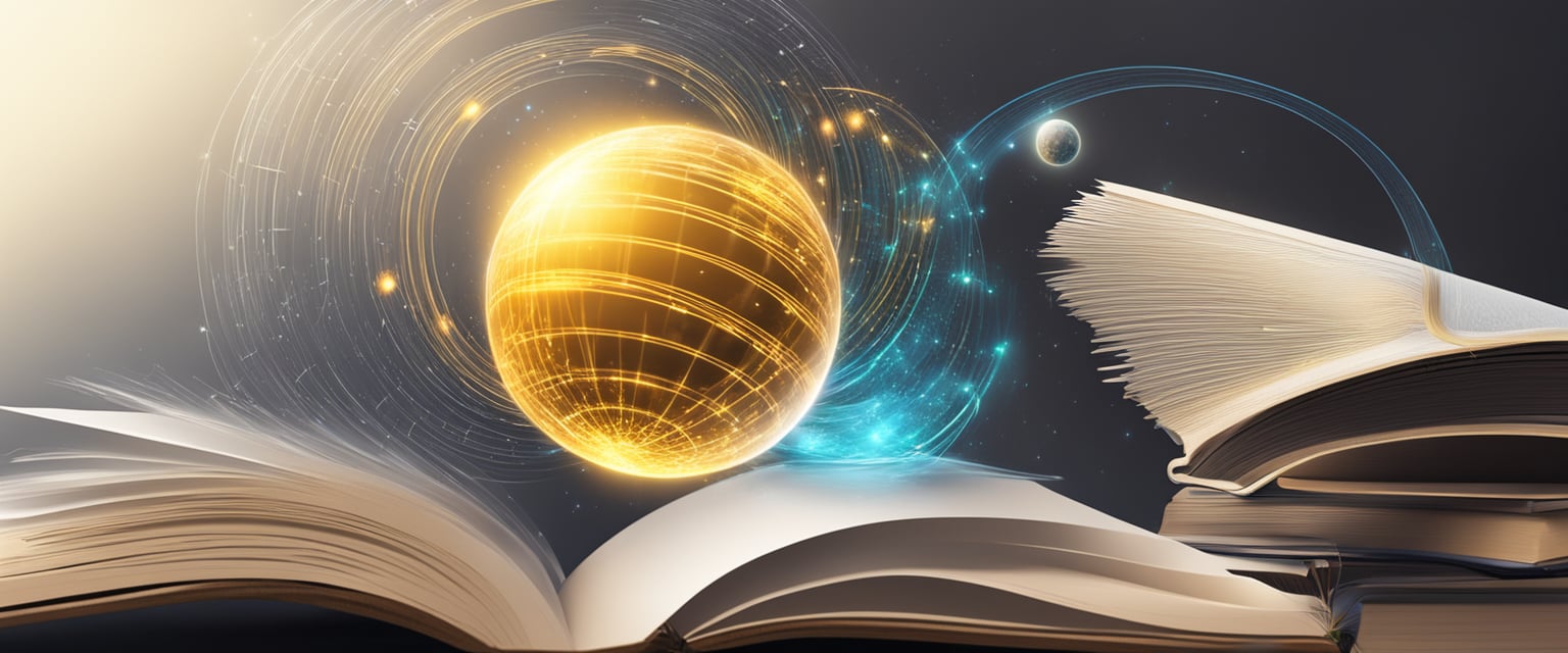 A glowing orb hovers over a book with quantum equations. Energy swirls around it, as if being pulled into a vortex