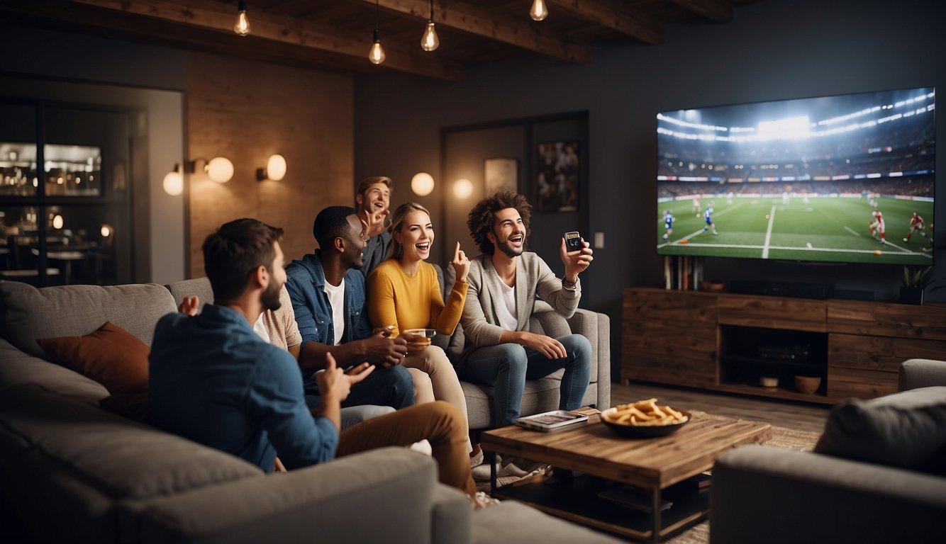 A group of friends gather around a TV with a digital antenna, cheering as they watch a live sports game without a Sky subscription