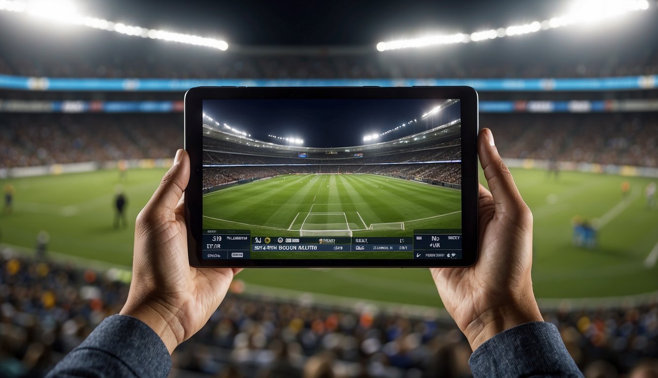 A person using a mobile or tablet to stream sports, with a focus on the screen displaying a live sports game or event, without any reference to sky TV