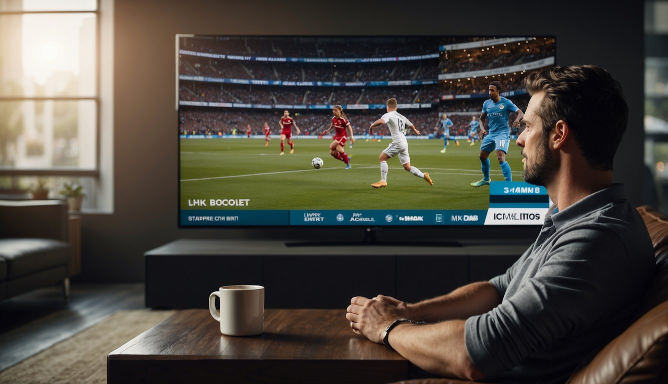 A person sitting on a couch, using a laptop or smart TV to stream sports without a contract or Sky subscription. The screen displays a live sports event with no cable box or satellite dish in sight