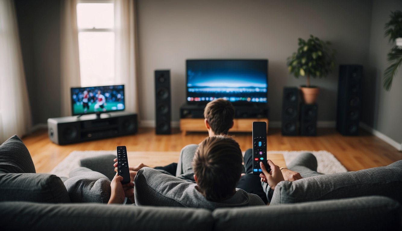 A person sitting on a couch, remote in hand, surrounded by various streaming devices and a TV displaying a sports game