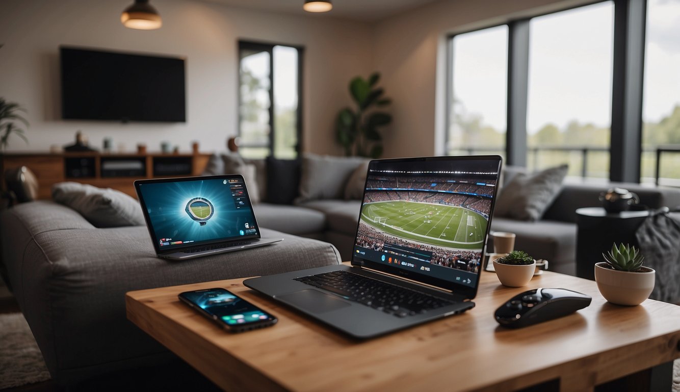 A person sitting on a comfortable couch, with a variety of devices and streaming options displayed on a table. The TV is showing a live sports game, while a laptop and tablet are also visible, demonstrating the flexibility and convenience of non-Sky options for