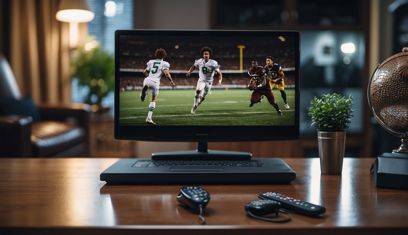 Viewers sit in front of a TV with a remote, surrounded by sports memorabilia. A laptop is open, showing a streaming service. A smartphone is nearby, displaying sports updates