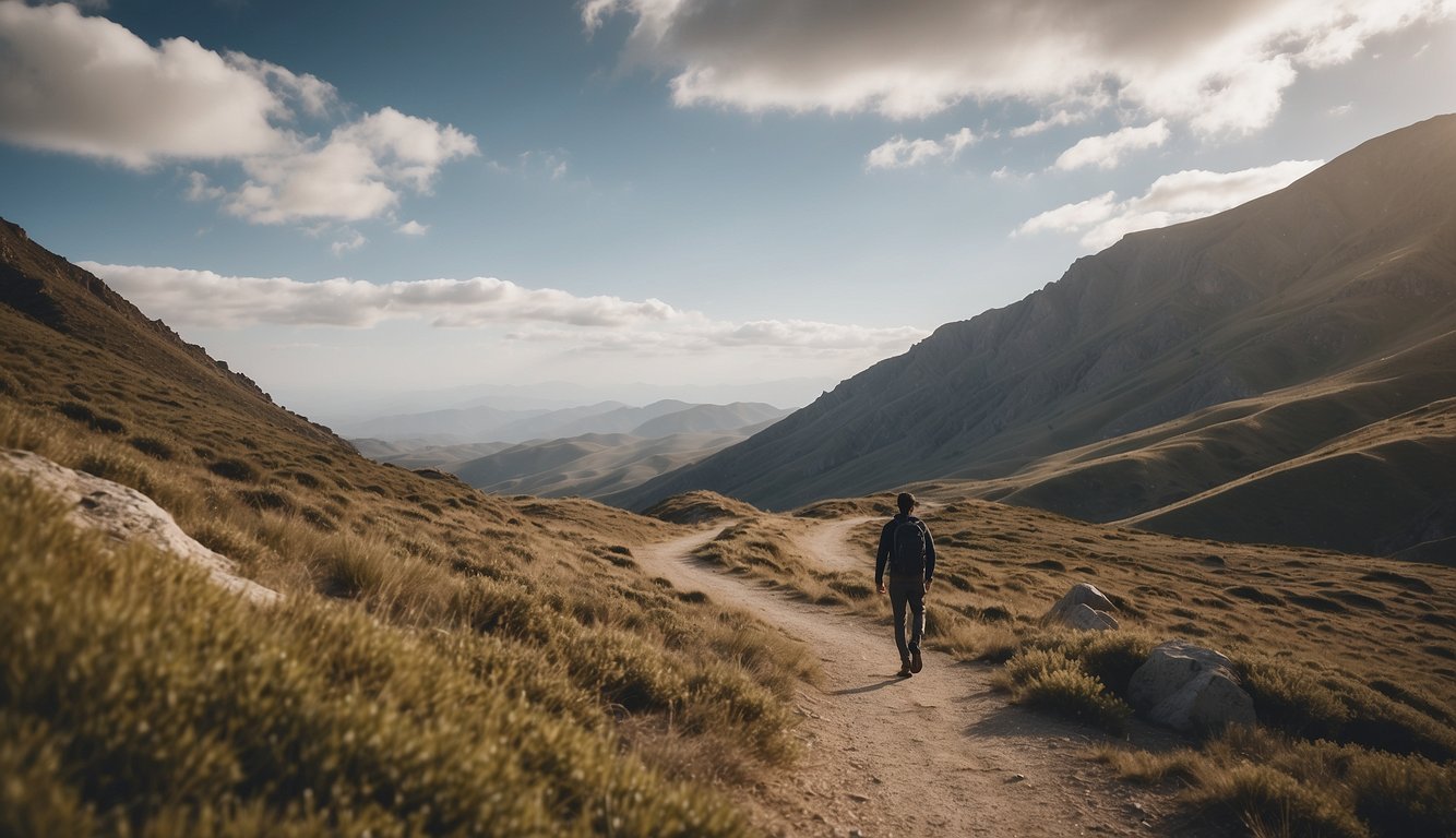 A lone figure runs along a winding mountain trail, surrounded by rugged terrain and a vast, open sky