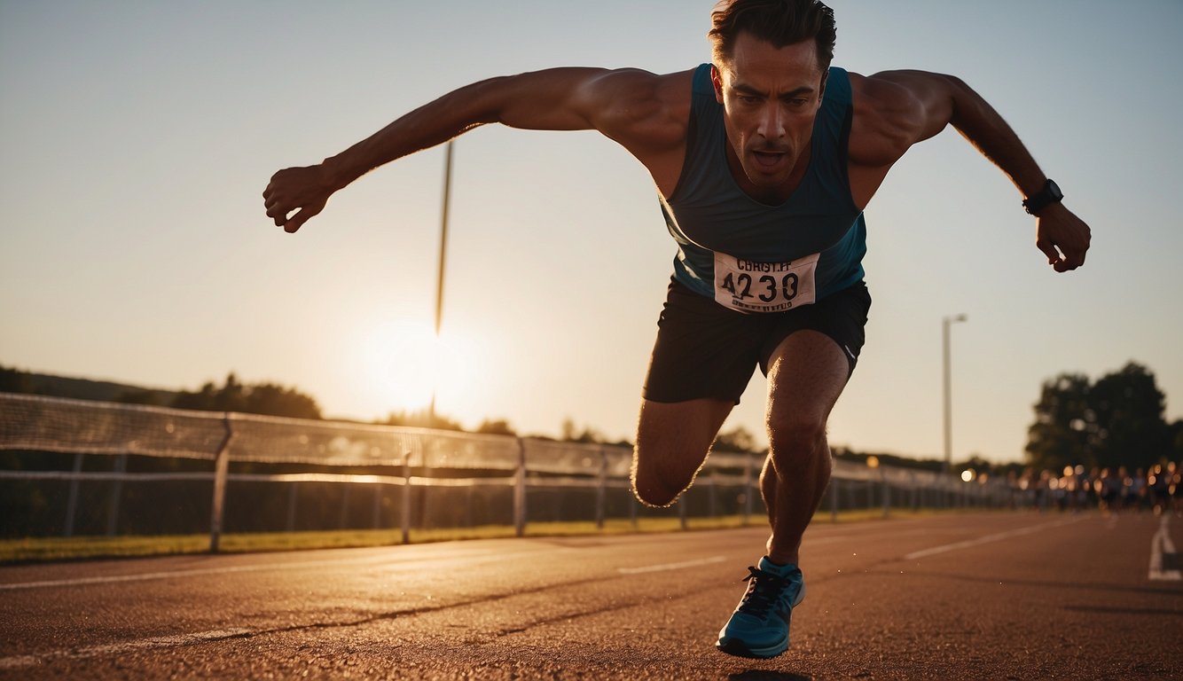 A runner crosses the finish line, sweat dripping down their face. The sun sets in the background as they breathe heavily, feeling accomplished