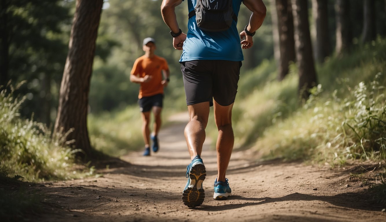 A runner on a trail, wearing proper footwear and hydration gear, with a clear path ahead and a supportive coach nearby