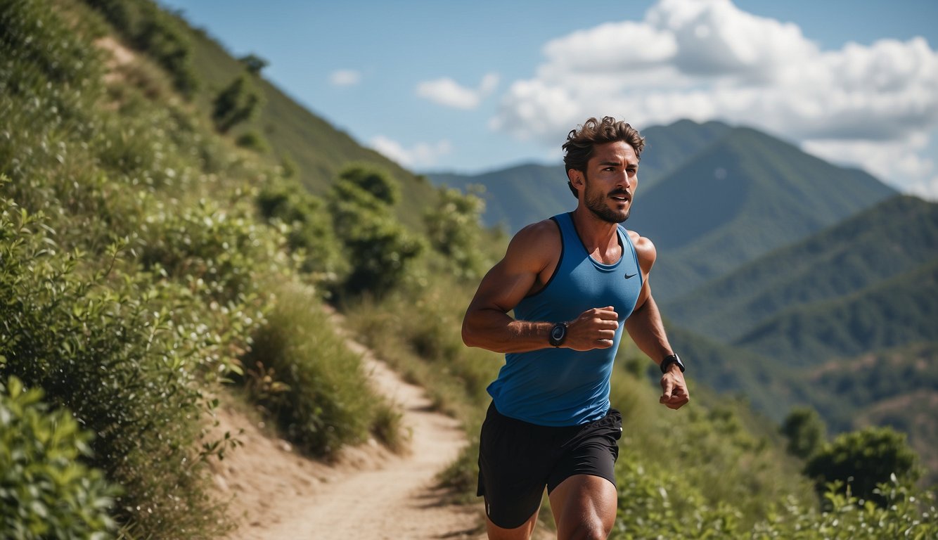 An athlete runs alongside a winding trail, surrounded by lush greenery and a clear blue sky, with a look of determination on their face