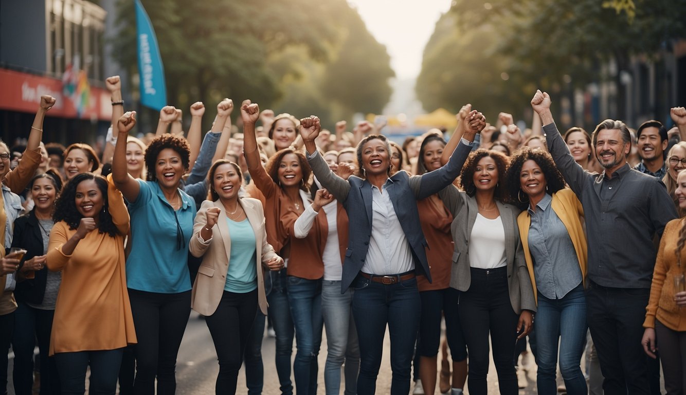 A diverse group of people gather at a finish line, cheering and celebrating together. Banners and signs display messages of support and community impact