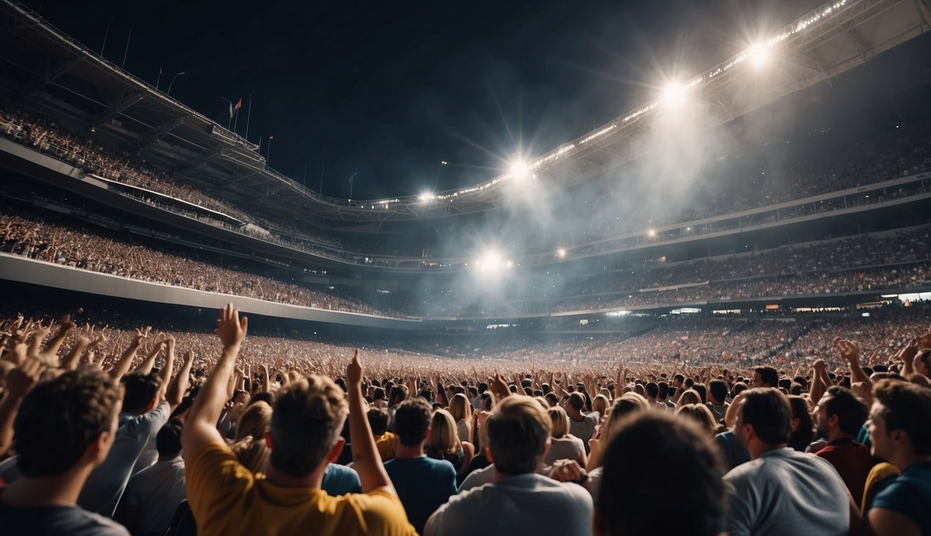 A crowded stadium with fans cheering at a sports event, while a packed theater with excited audience members watching a live performance