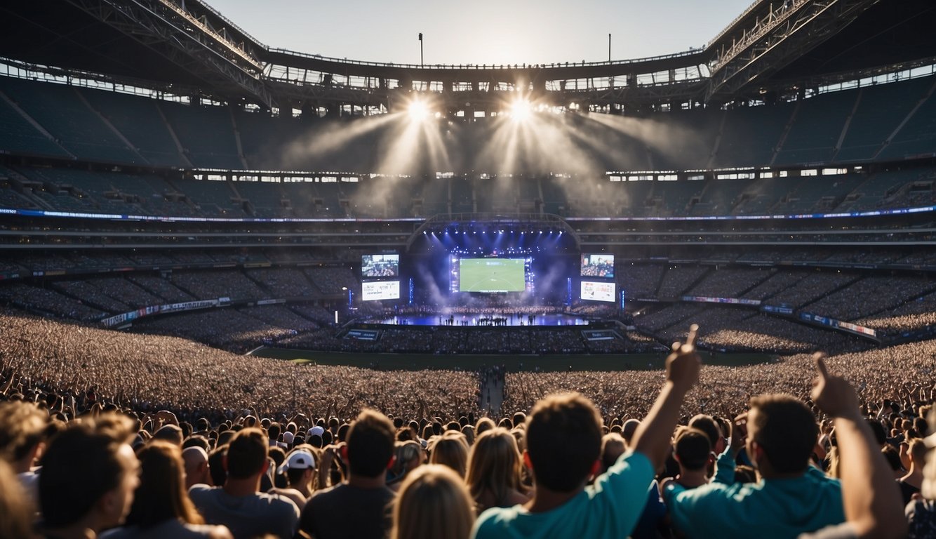 A stadium filled with cheering fans, while a concert stage is set up nearby. Sports and entertainment logos are displayed prominently