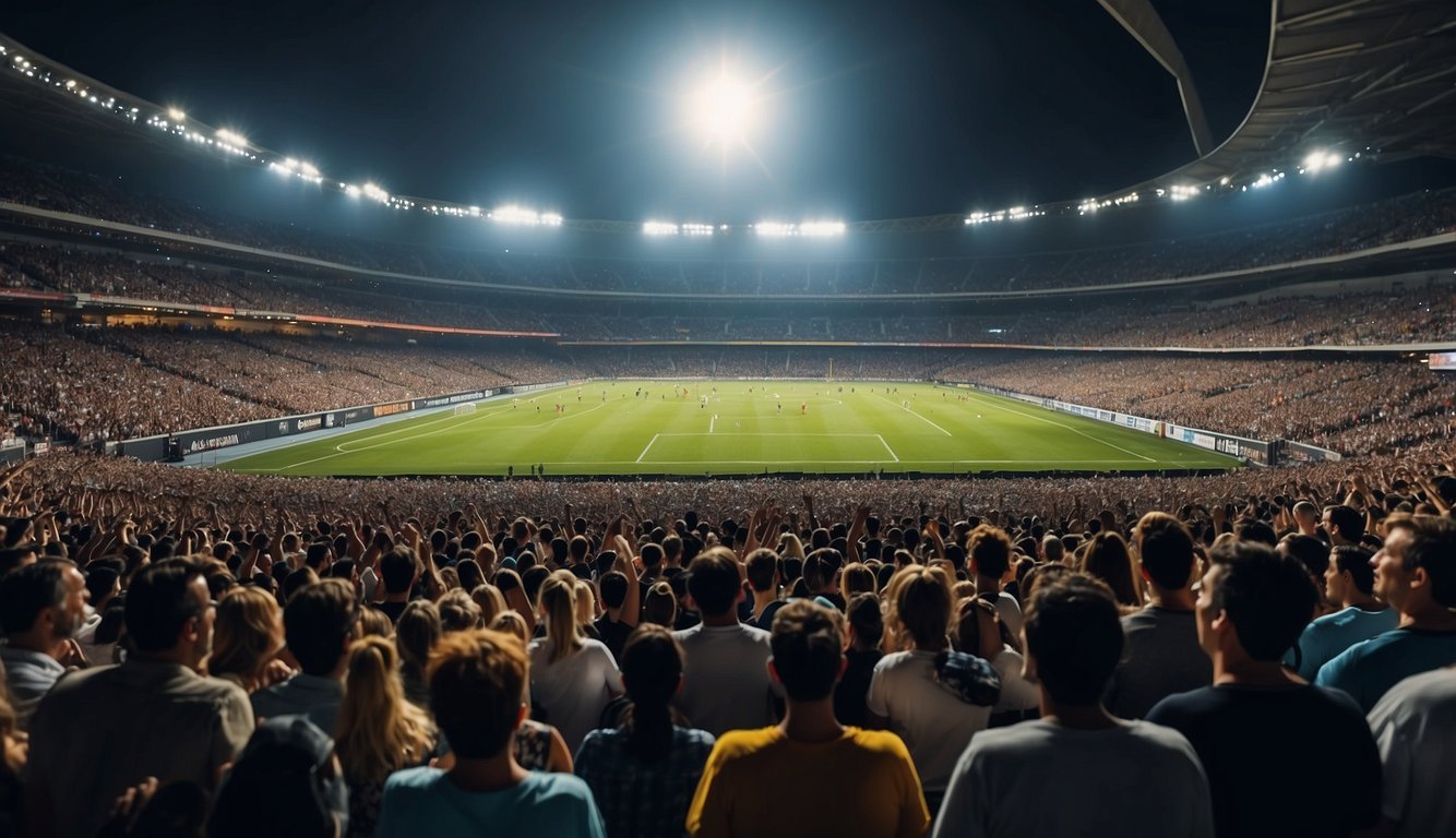 A crowded stadium with cheering fans and athletes in action, contrasted with a lively concert venue with enthusiastic spectators and performers on stage