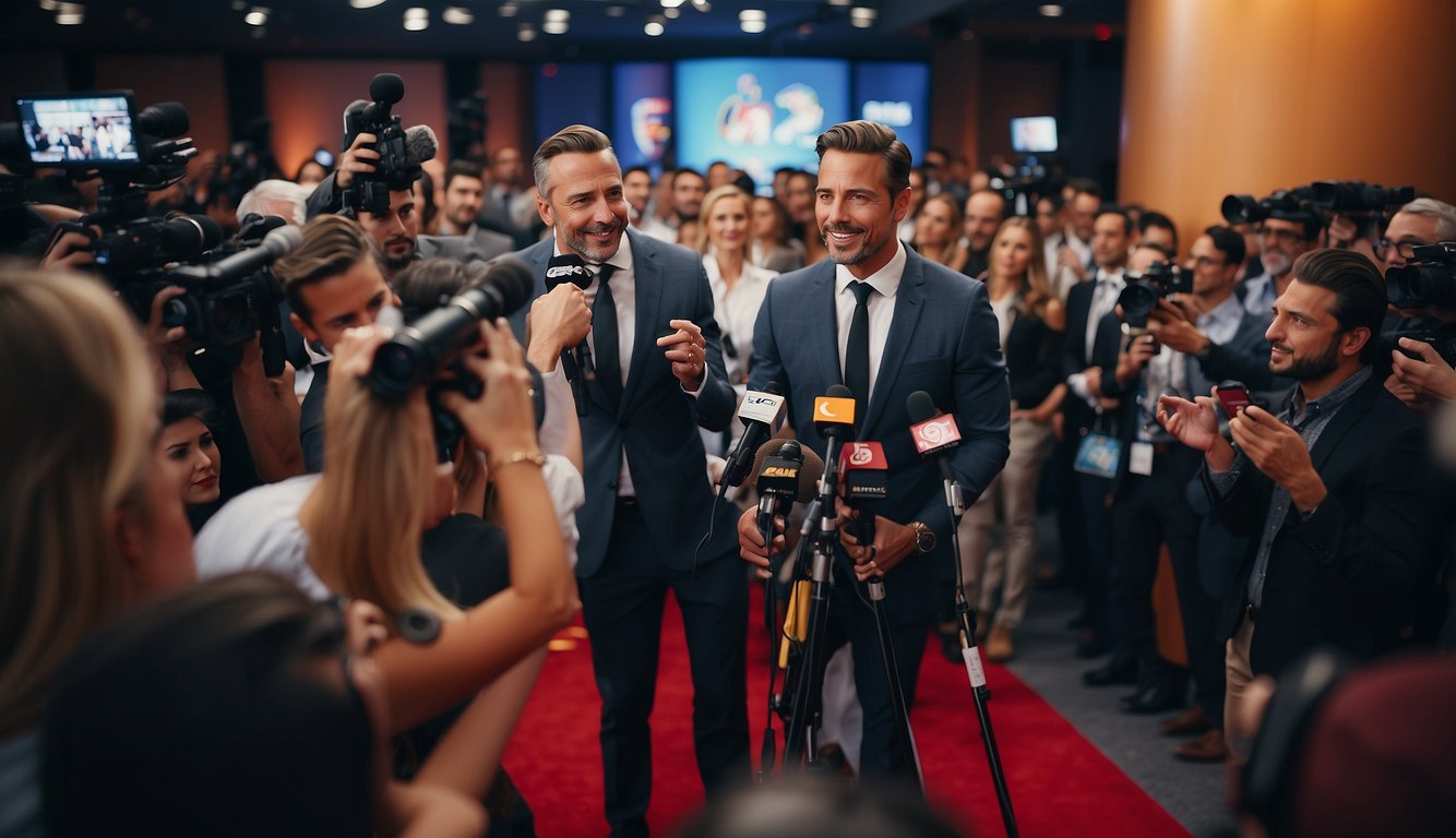 A press conference with sports athletes and a red carpet event with celebrities, both surrounded by media and PR representatives