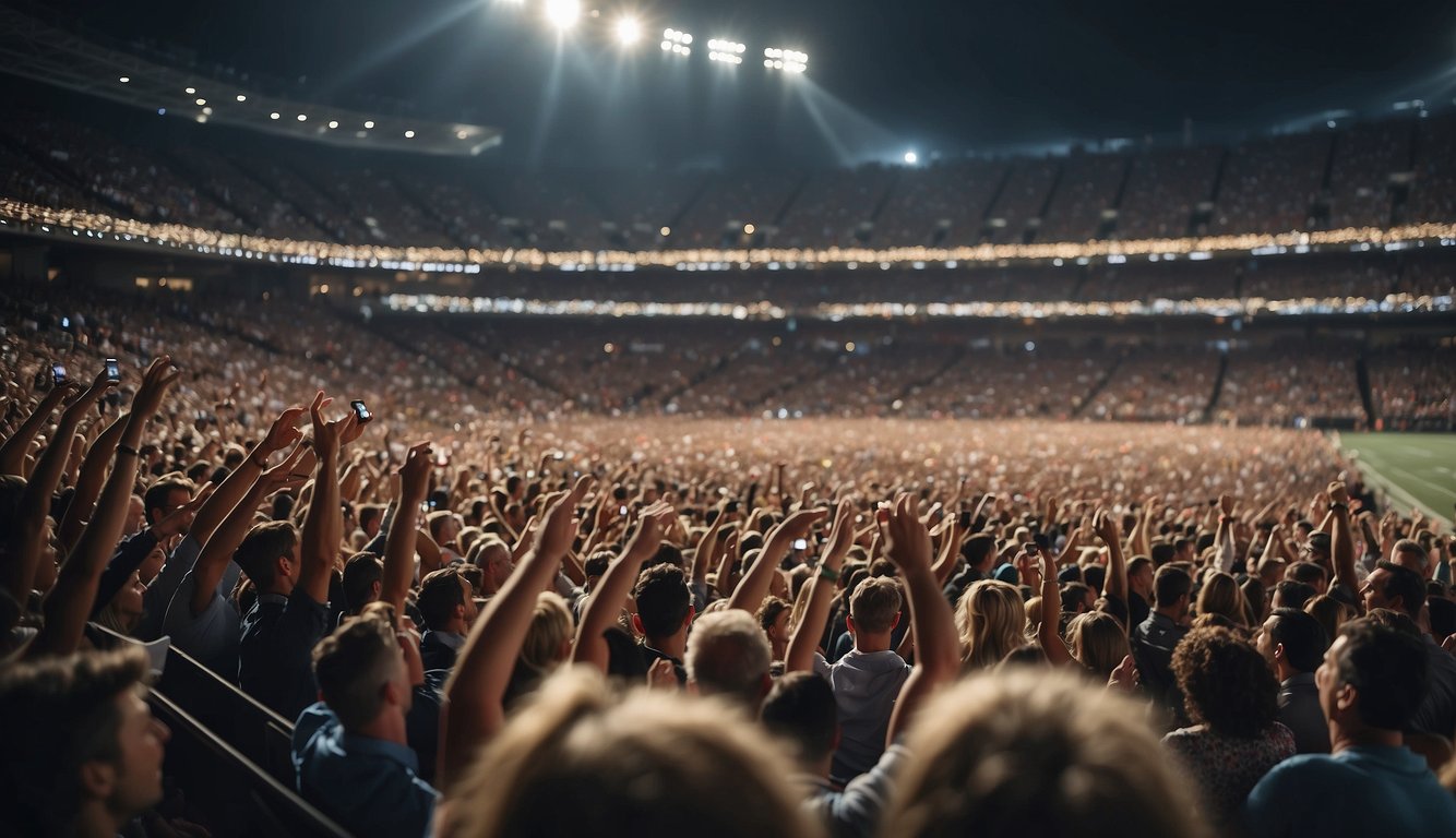 A stadium filled with cheering fans, while a theater is packed with excited audience members. Different logos and advertisements are displayed throughout each venue