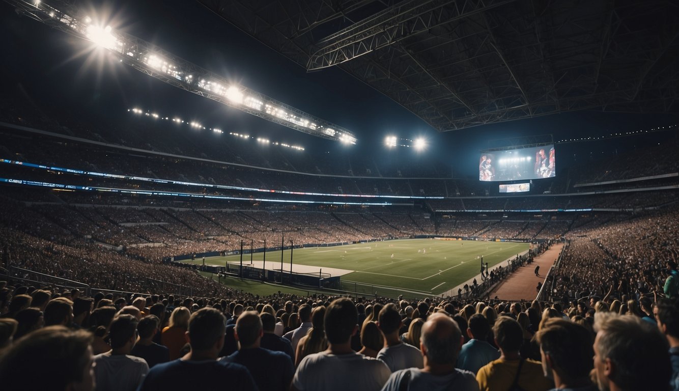 A sports stadium with packed stands and merchandise sales. Next to it, a concert venue with a sold-out show and fans purchasing music and merchandise