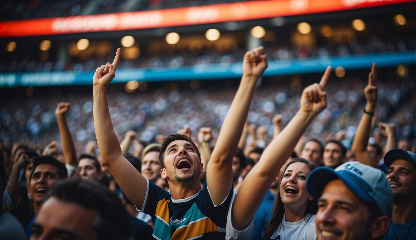 Fans cheering at a sports event, showing passion and loyalty. In contrast, an audience at an entertainment show, engaged and emotionally connected