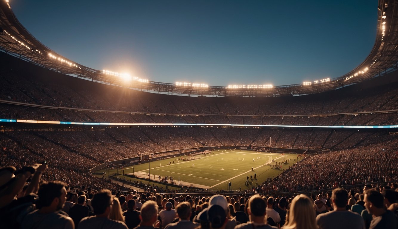 A stadium packed with fans, lights flashing, and a stage set for a concert. Sports and entertainment logos displayed prominently