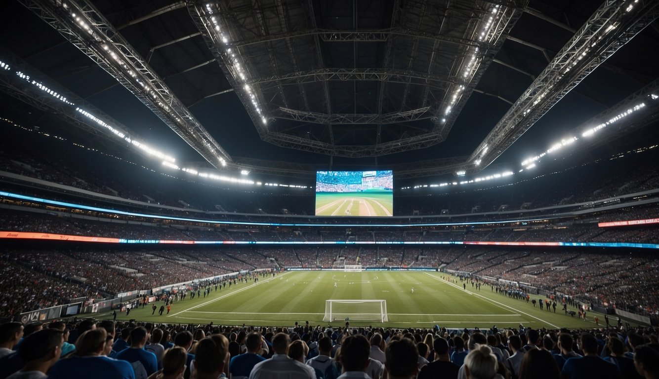 A stadium filled with fans, giant screens displaying real-time data, and interactive experiences showcasing the latest sports and entertainment marketing technologies