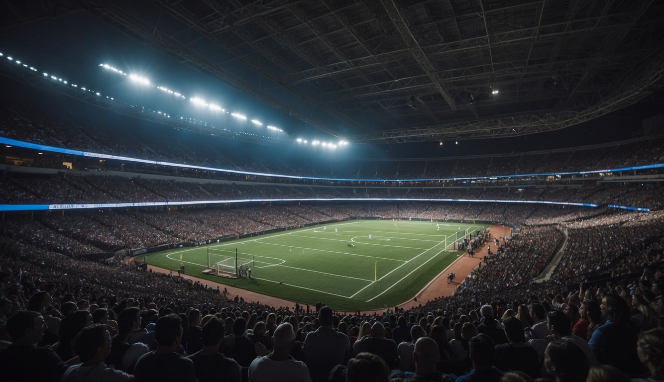 A sports stadium packed with fans, while a theater is filled with enthusiastic audiences. Both venues showcase exclusive and authentic content, representing the difference between sports and entertainment marketing