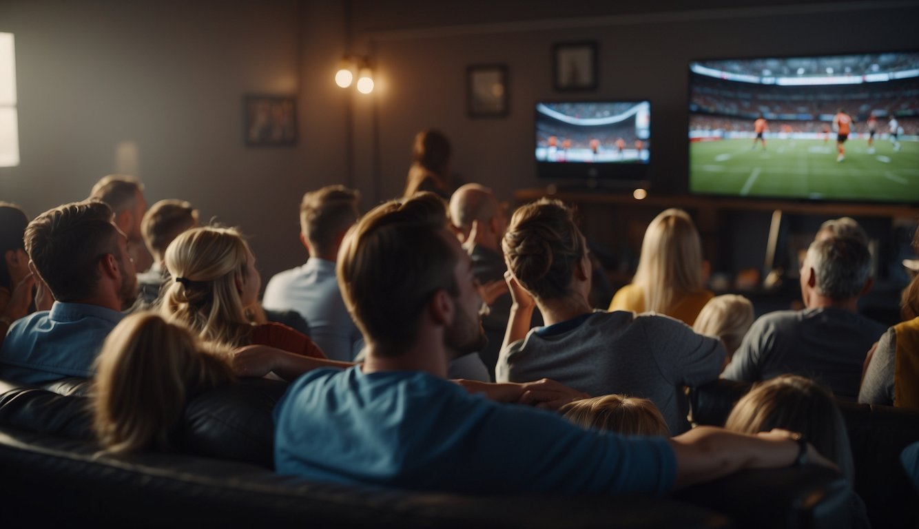 A group of people eagerly watching a sports game on TV, with intense expressions and animated gestures as they react to the outcome