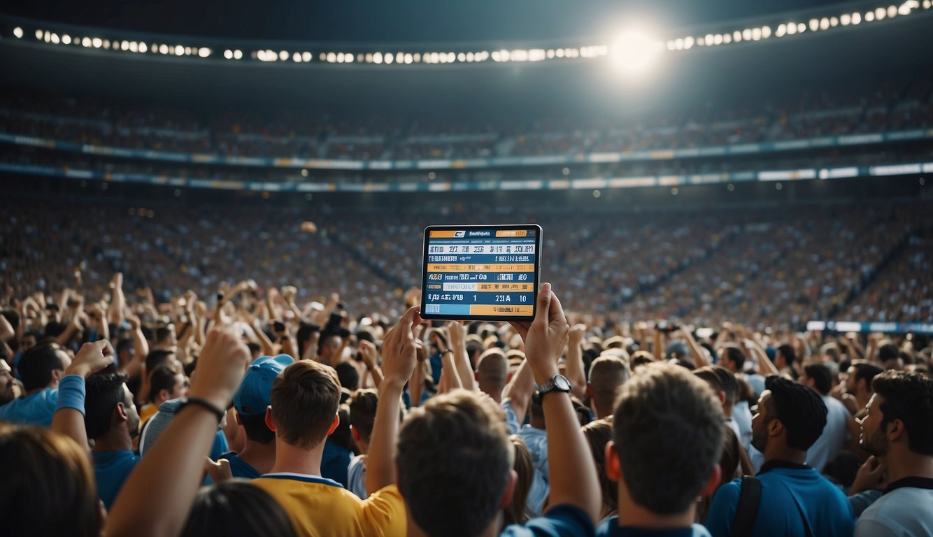 A crowded sports stadium with fans cheering and betting slips being exchanged at a nearby booth