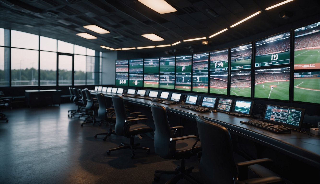 A sports stadium with digital screens displaying odds and statistics. A network of computers and servers hums in the background, processing bets and managing operations