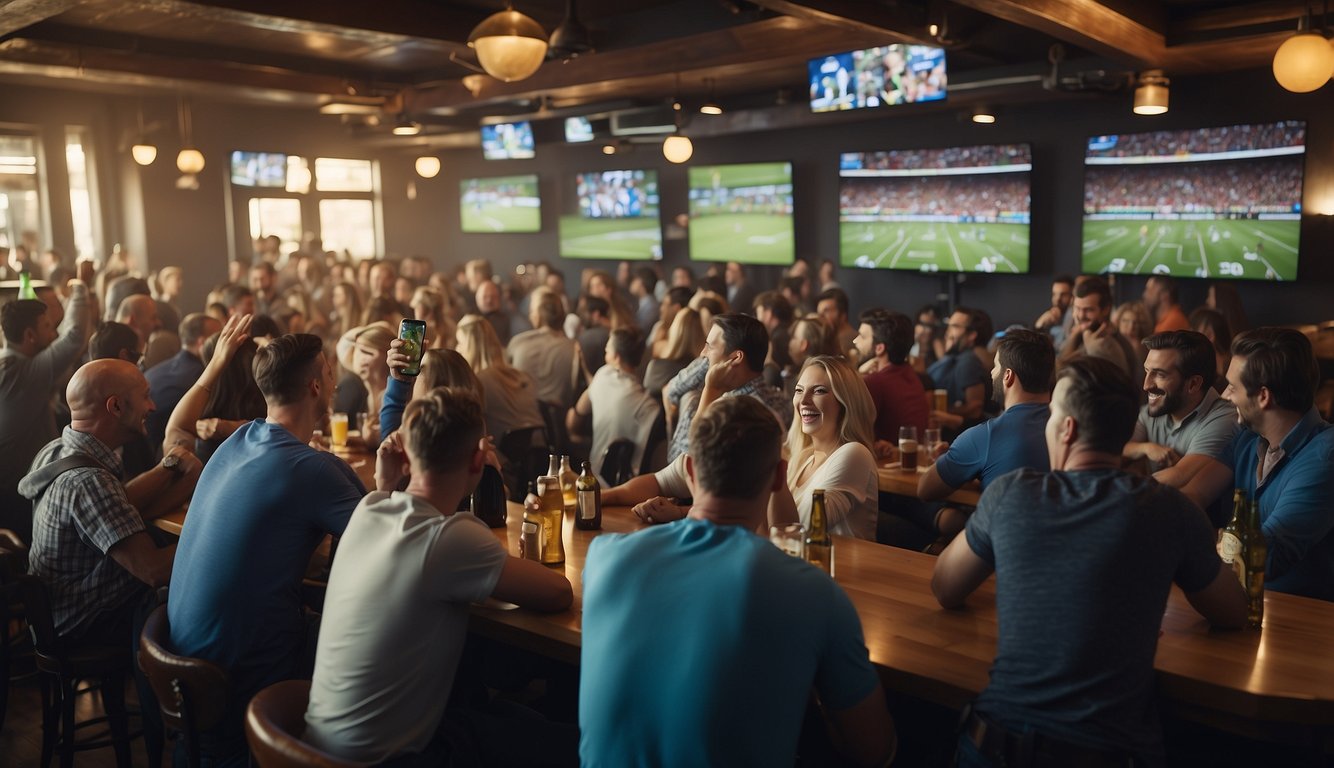 A crowded sports bar with diverse patrons, cheering and jeering at multiple TV screens displaying various sports games and betting odds