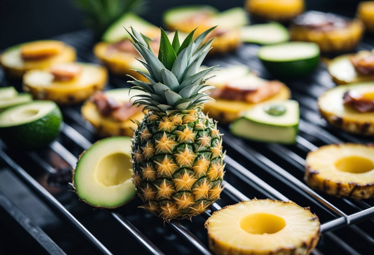 A pineapple on a grill, with grill marks, surrounded by keto-friendly food items like avocado, bacon, and cheese