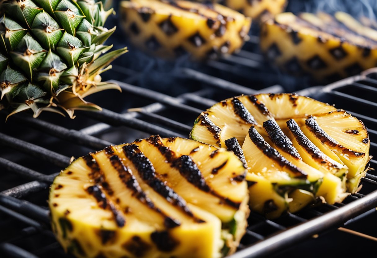 A pineapple grilling on a barbecue with charred grill marks, emitting a sweet and smoky aroma. A nutrition label next to it shows low carb and sugar content