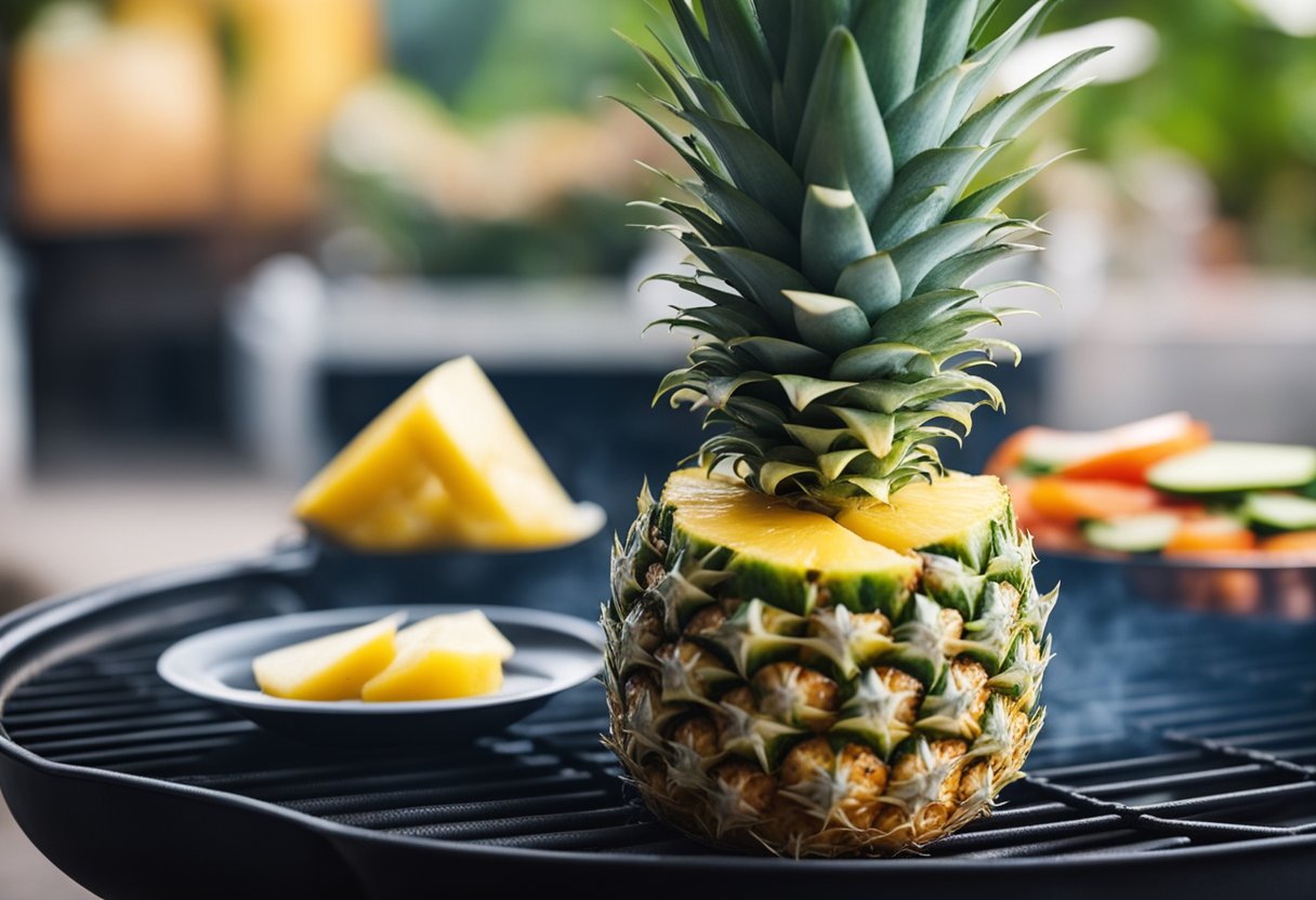 A pineapple slice sizzles on a grill, emitting a sweet aroma. It is surrounded by low-carb vegetables and lean protein