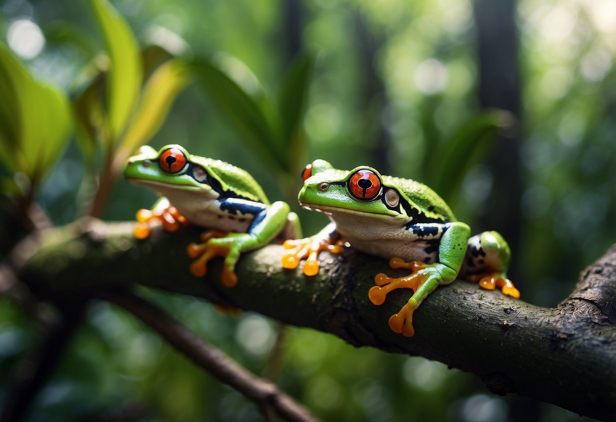 Colorful tree frogs cling to lush green foliage in a Florida swamp. Red-eyed, green, and barking tree frogs are seen among the branches